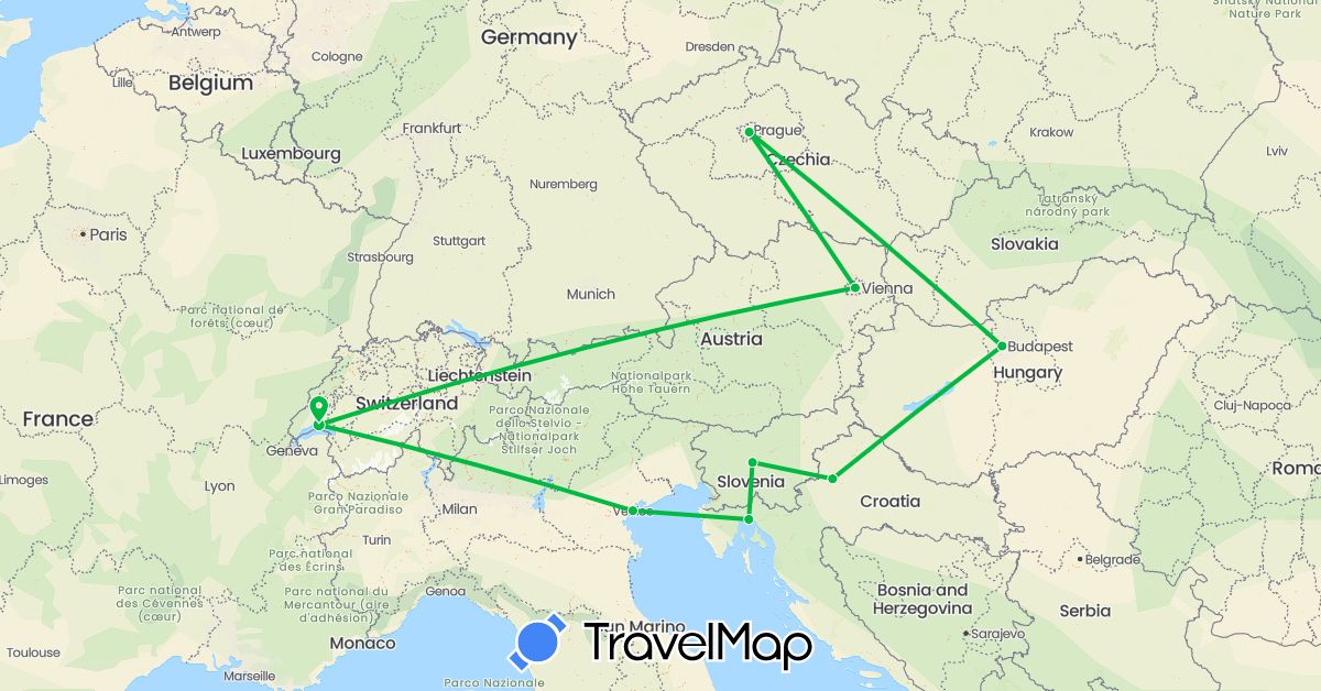 TravelMap itinerary: driving, bus in Austria, Switzerland, Czech Republic, Croatia, Hungary, Italy, Slovenia (Europe)
